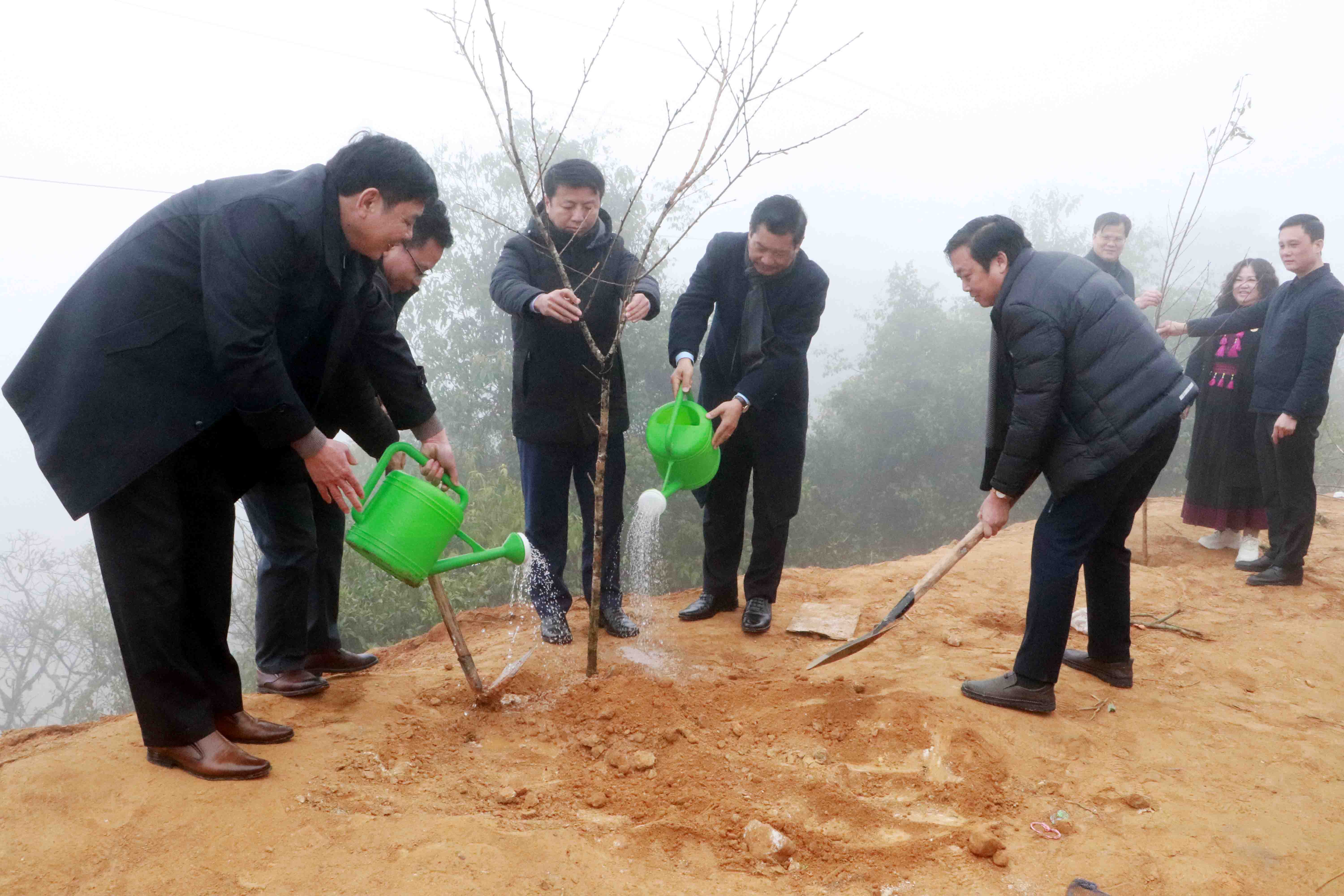 Lãnh đạo tỉnh, huyện Phong Thổ trồng cây trong khuôn viên tổ chức Lễ hội.